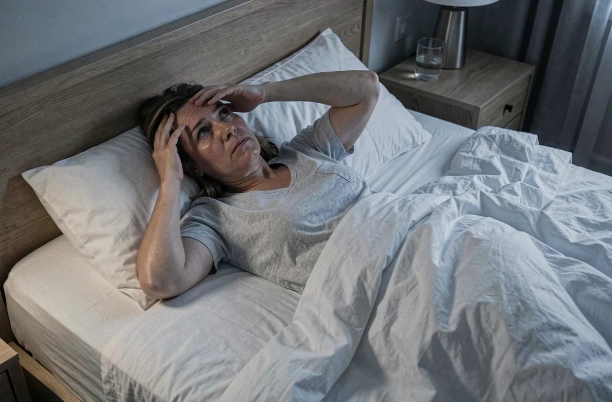 Femme d'une cinquantaine d'années allongée dans son lit les yeux ouverts, incapable de dormir en raison de vertiges liés à une névrite vestibulaire