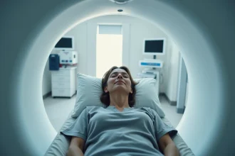 Femme allongée dans un scanner IRM ouvert en milieu hospitalier moderne, expression détendue