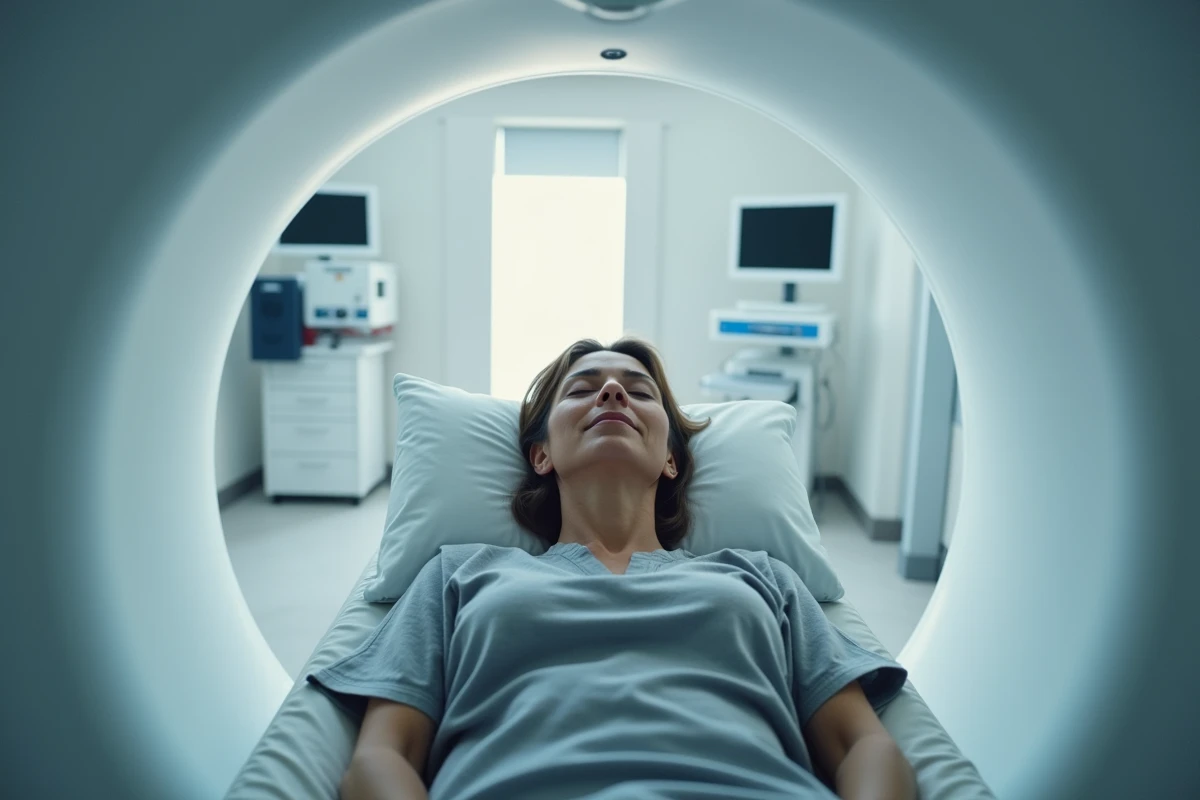 Femme allongée dans un scanner IRM ouvert en milieu hospitalier moderne, expression détendue