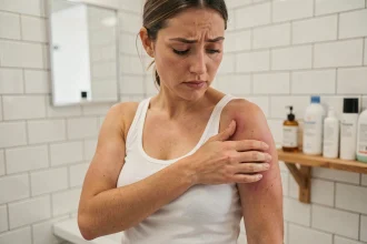 Jeune femme touchant son aisselle gauche avec une expression préoccupée dans une salle de bain, irritation cutanée visible après épilation ou déodorant