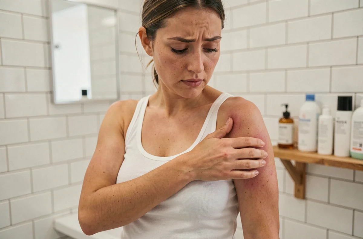 Jeune femme touchant son aisselle gauche avec une expression préoccupée dans une salle de bain, irritation cutanée visible après épilation ou déodorant