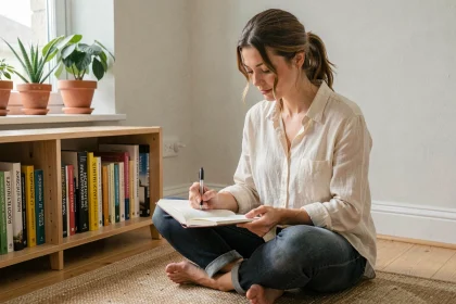 Femme écrivant dans un journal de développement personnel entourée de livres de psychologie positive dans un intérieur chaleureux
