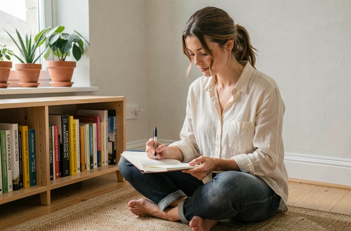 Femme écrivant dans un journal de développement personnel entourée de livres de psychologie positive dans un intérieur chaleureux