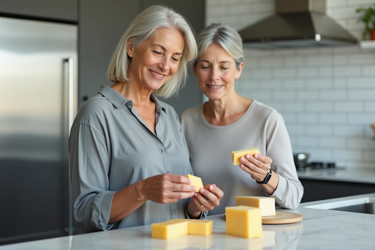 Femme d'âge moyen lisant l'étiquette nutritionnelle d'un fromage dans une cuisine moderne pour gérer sa glycémie