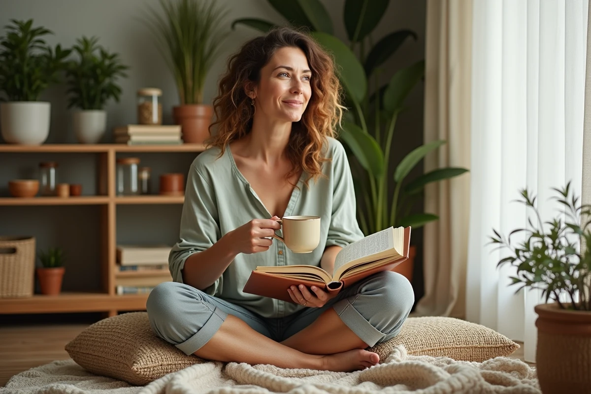 Femme lisant un journal lifestyle dans un coin lecture cosy entouré de plantes vertes et objets naturels