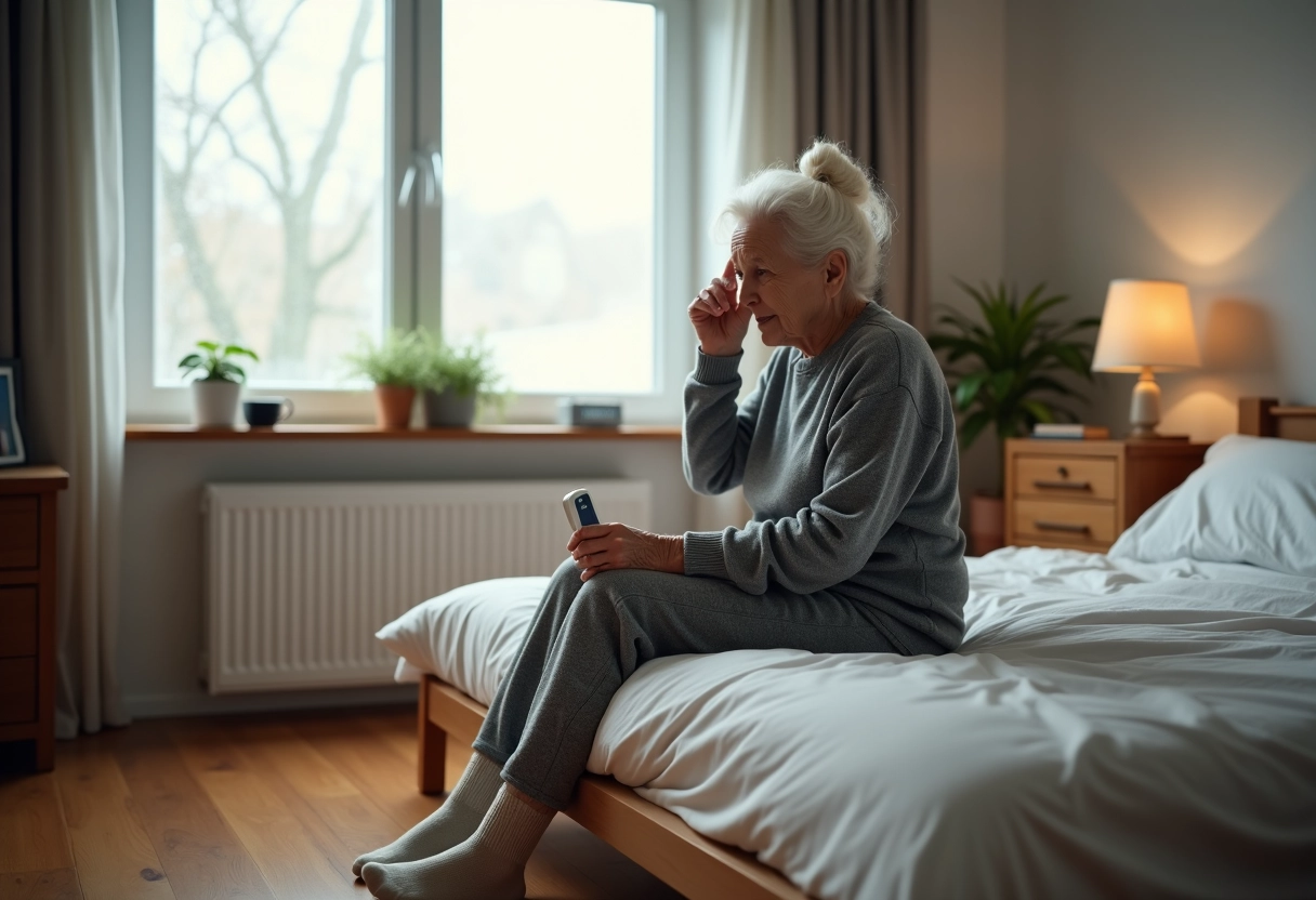 Femme âgée avec thermomètre dans la chambre