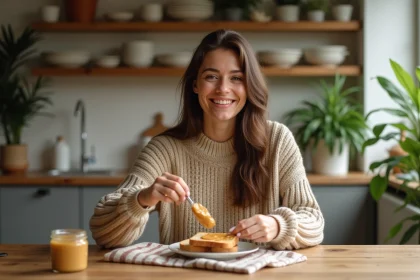 Femme souriante dégustant du pain complet au beurre de cacahuete