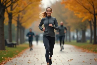 Femme marchant rapidement dans un parc urbain en automne pour un entraînement de marche sportive