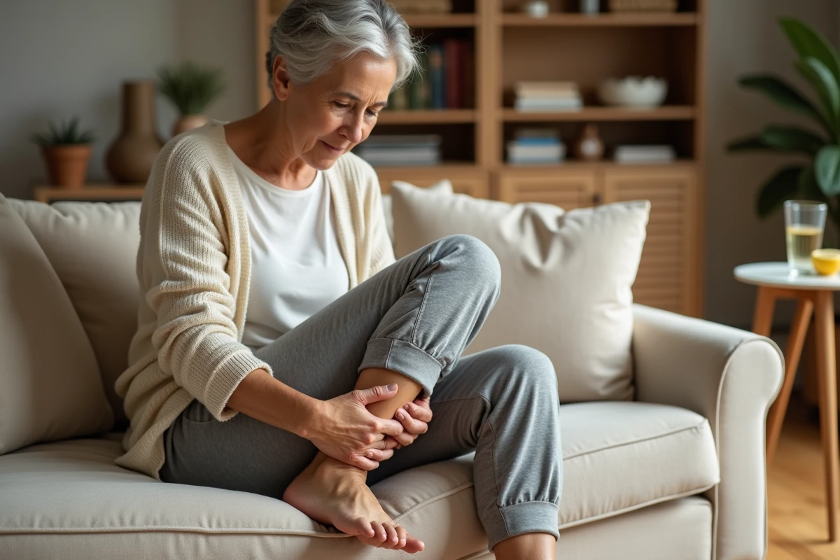 Femme massant sa jambe gonflée avec les mains après un long trajet assis, remède de grand-mère naturel