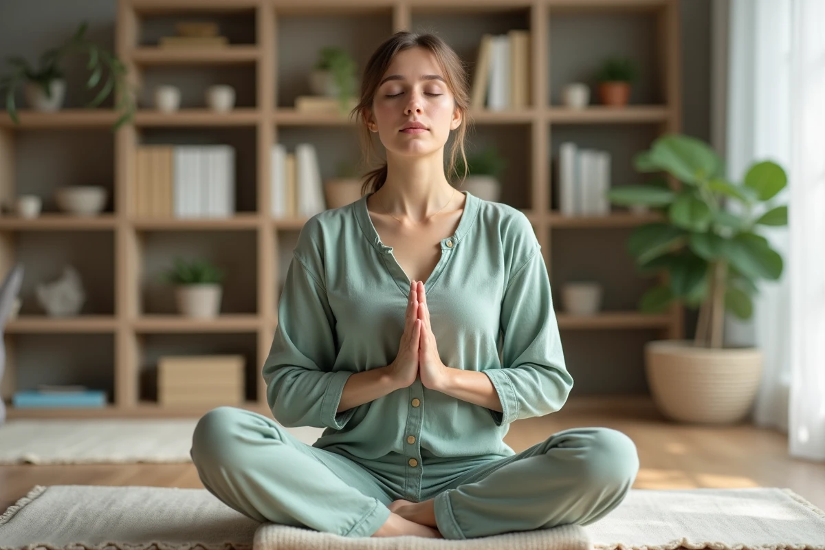 Femme en méditation tenant une pierre d'amazonite dans les mains dans un intérieur minimaliste