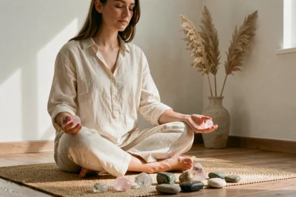 Femme tenant un quartz rose en méditation entourée de pierres naturelles sur un parquet en bois
