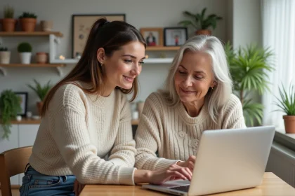 Femme et m&egrave;re discutant devant un ordinateur dans un int&eacute;rieur chaleureux