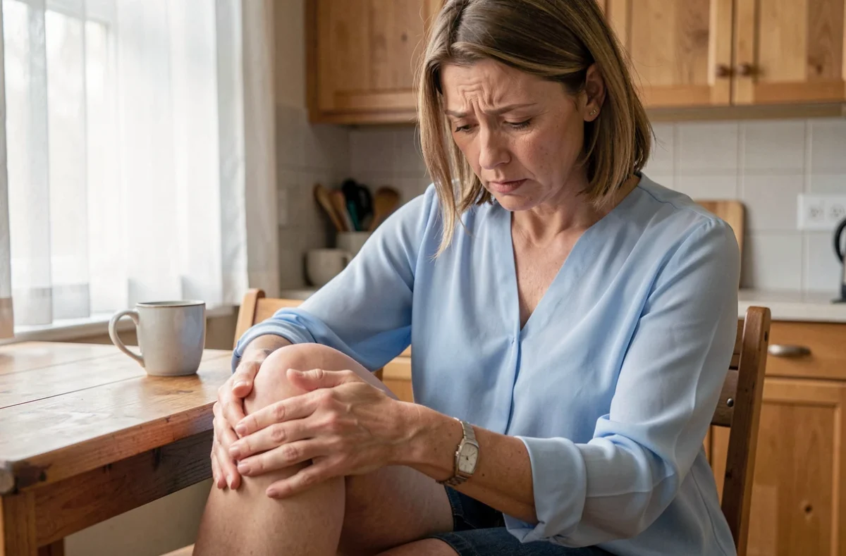 Femme inquiète observant et touchant son mollet en raison de contractions musculaires involontaires à la maison