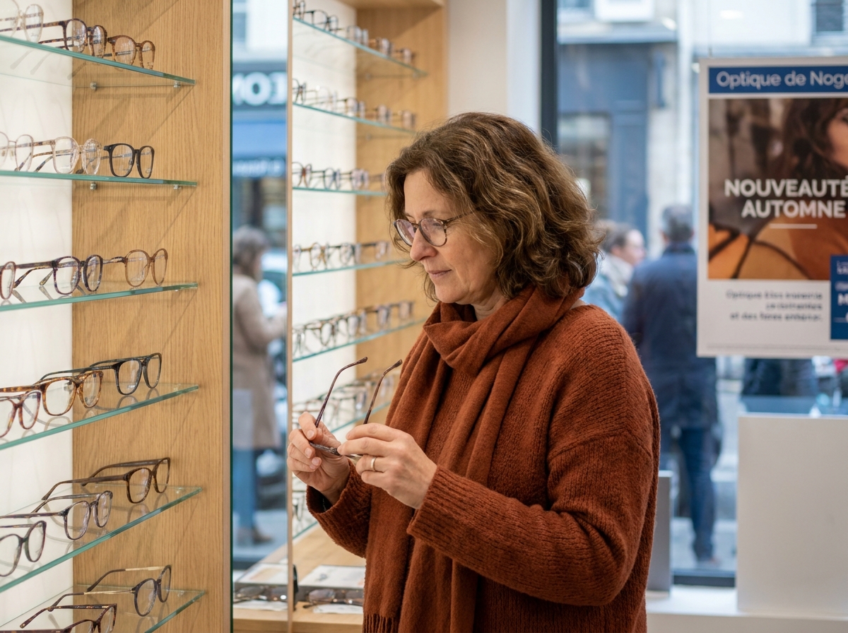 Femme examine des lunettes dans une boutique optique à NogentsurMarne