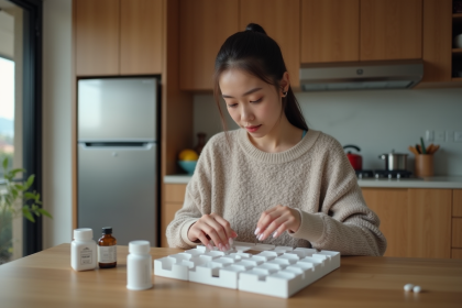 Jeune femme organisant ses médicaments dans la cuisine