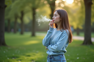 Jeune femme dans un parc en matinée contemplant sa respiration