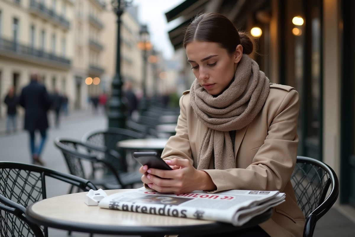 Jeune femme assise au café parisien anxieuse