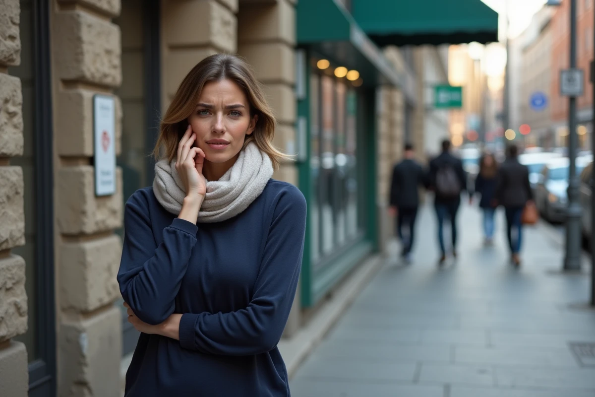 Femme pensive sur un trottoir urbain