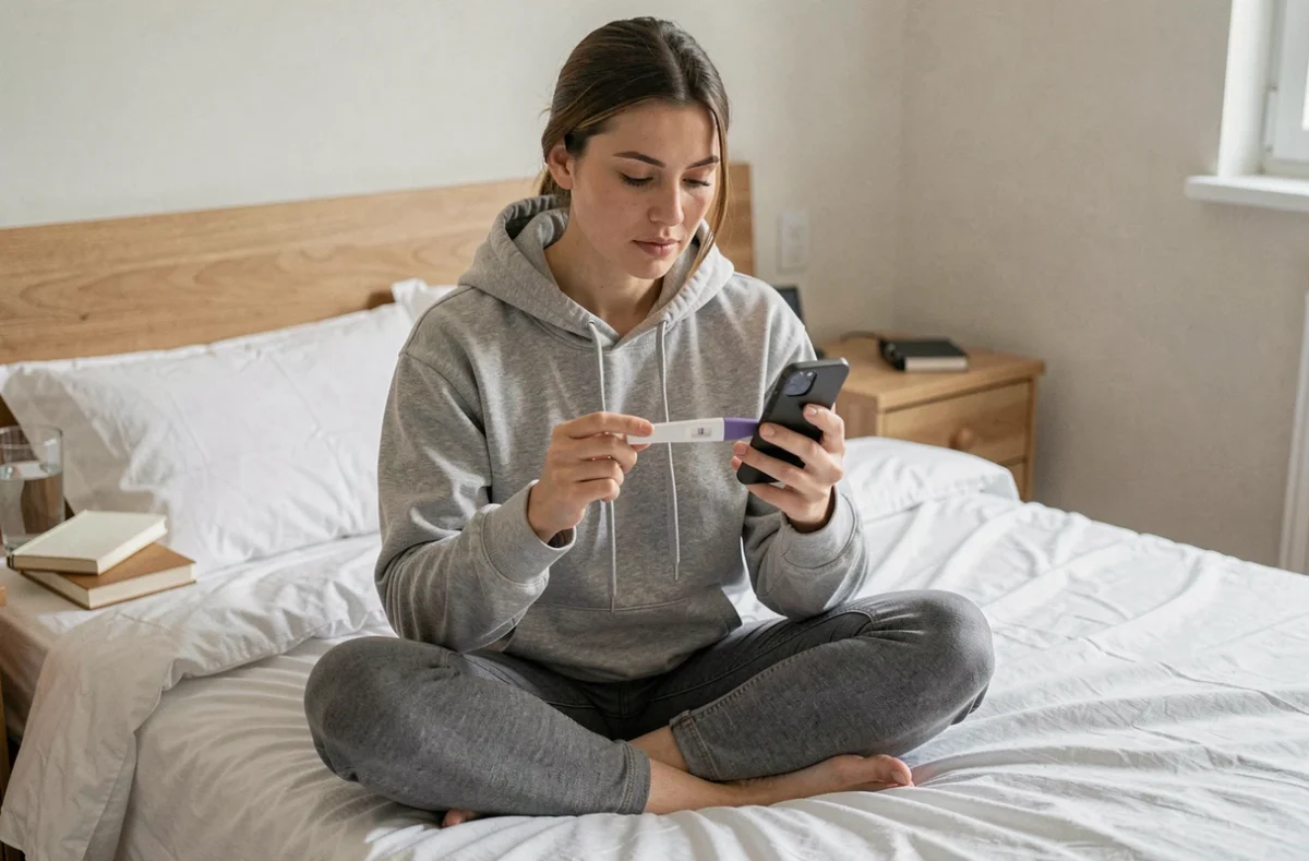 Jeune femme assise sur son lit photographiant un test de grossesse avec son téléphone pour mieux analyser la barre d'évaporation