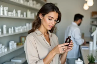 Femme tenant un flacon de Phytargile concentré dans une pharmacie moderne