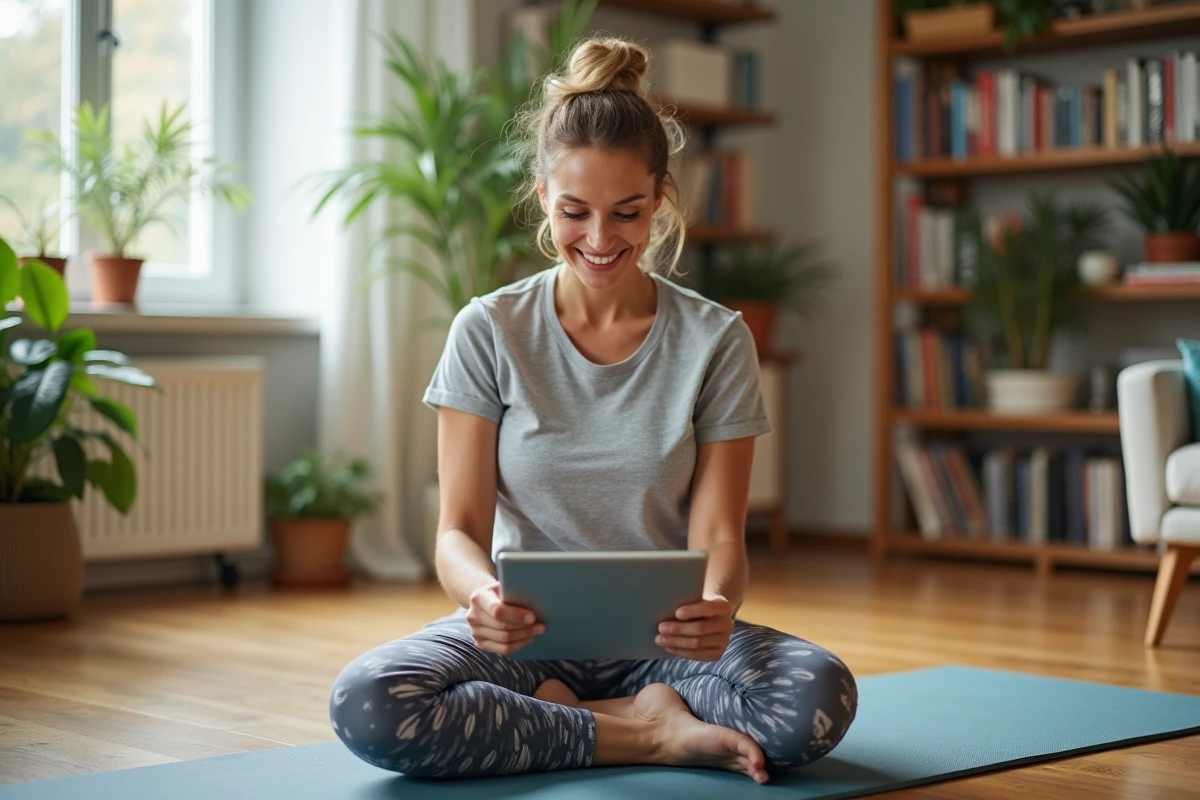 Femme en pilates dans un bureau lumineux &agrave; la maison