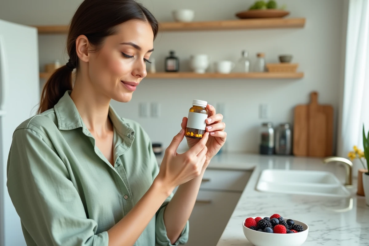 Femme tenant un flacon de probiotiques dans une cuisine moderne, illustrant l'optimisation de la flore intestinale avec Floravia Nutrisolution