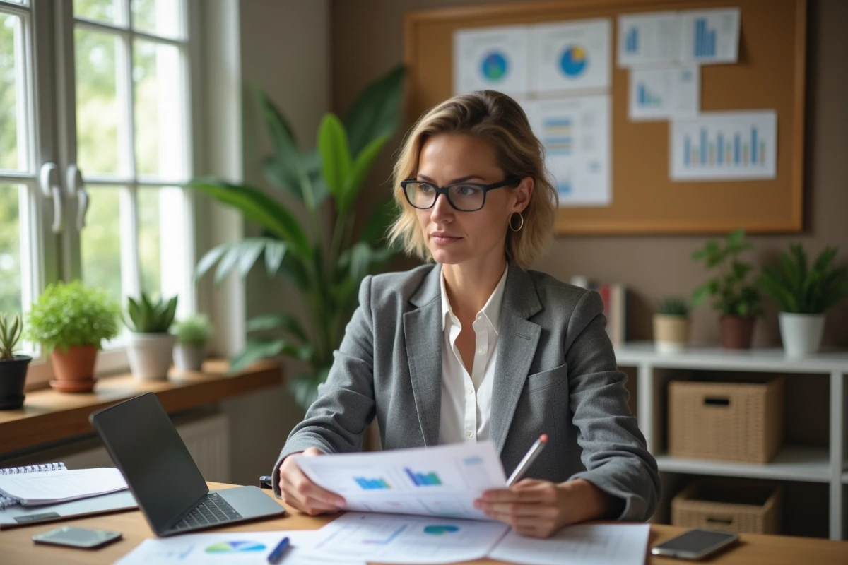Femme professionnelle en bureau à domicile avec tableau et plantes