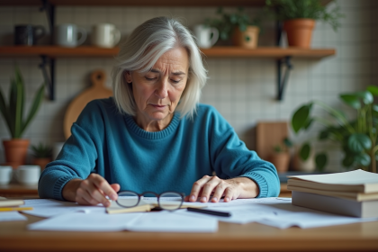 Femme d'âge moyen cherchant ses lunettes sur la table