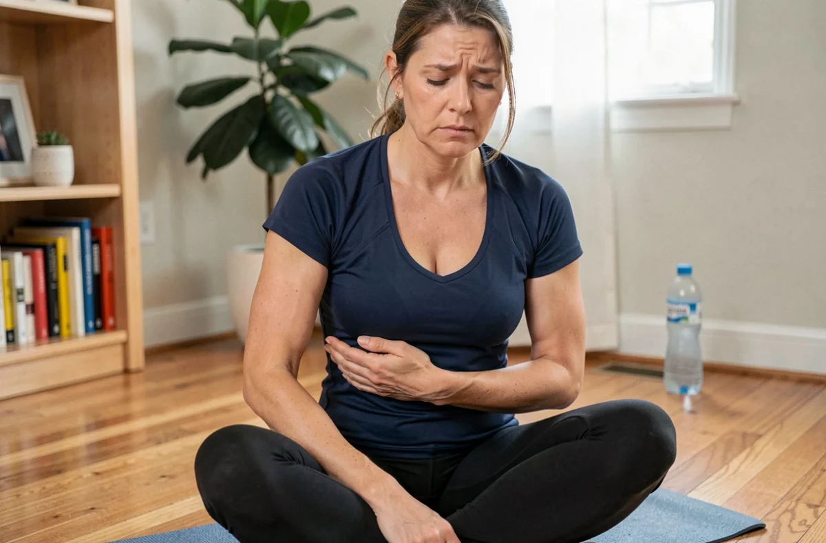 Femme en tenue de sport assise sur un tapis de yoga tenant son côté pour soulager la douleur d'une côte déplacée