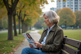Femme assise dans un parc lisant une brochure médicale
