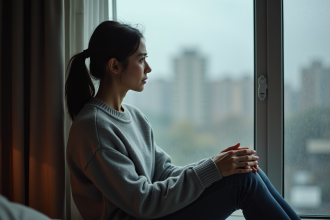 Femme pensive regardant par la fenêtre pluvieuse