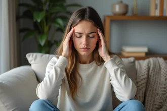 Femme détendue soulageant un mal de tête à la maison