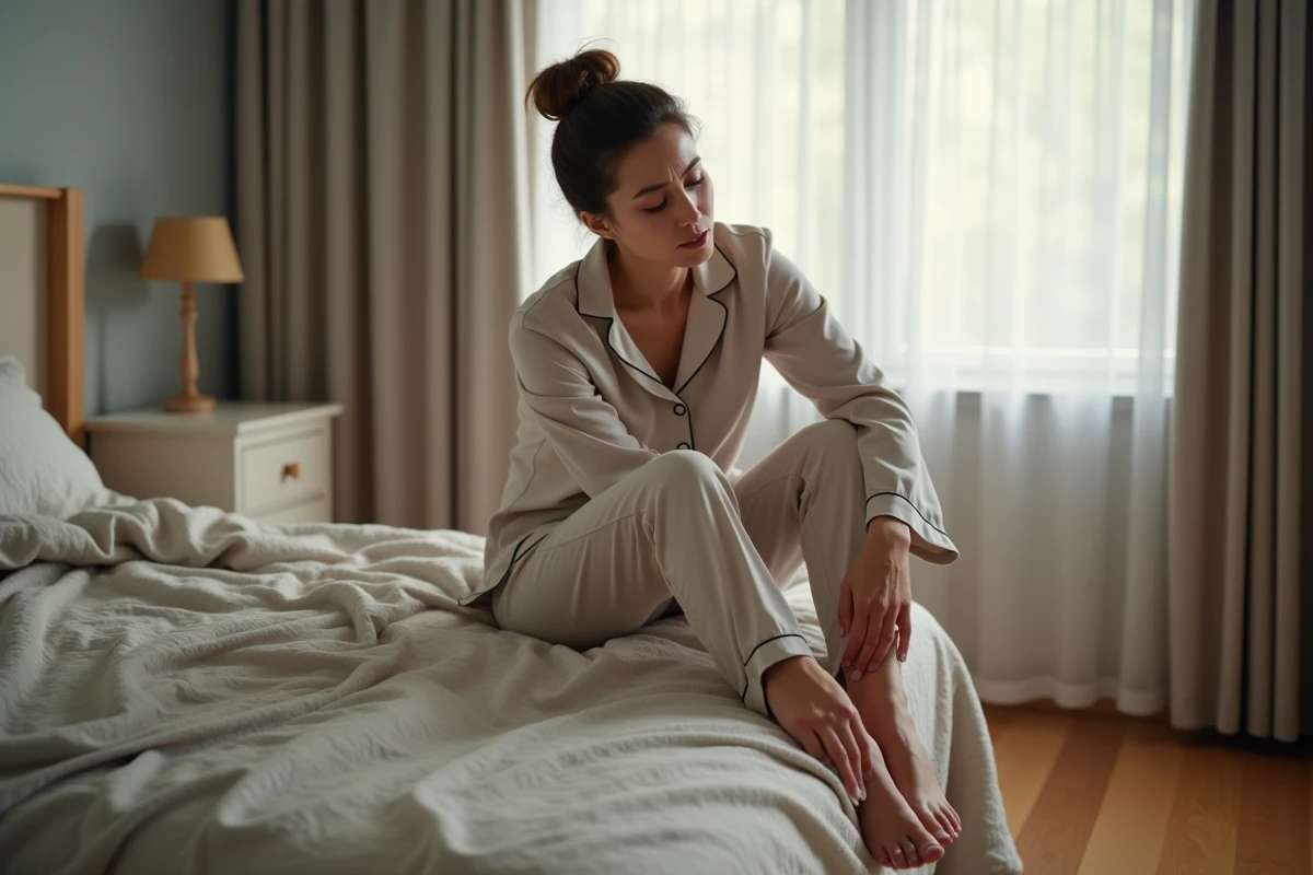 Femme en pyjama au réveil dans une chambre chaleureuse