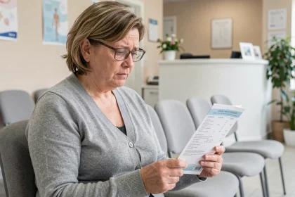 Femme d'âge mûr lisant un document d'assurance maladie dans une salle d'attente médicale, illustrant les maladies prises en charge à 100%