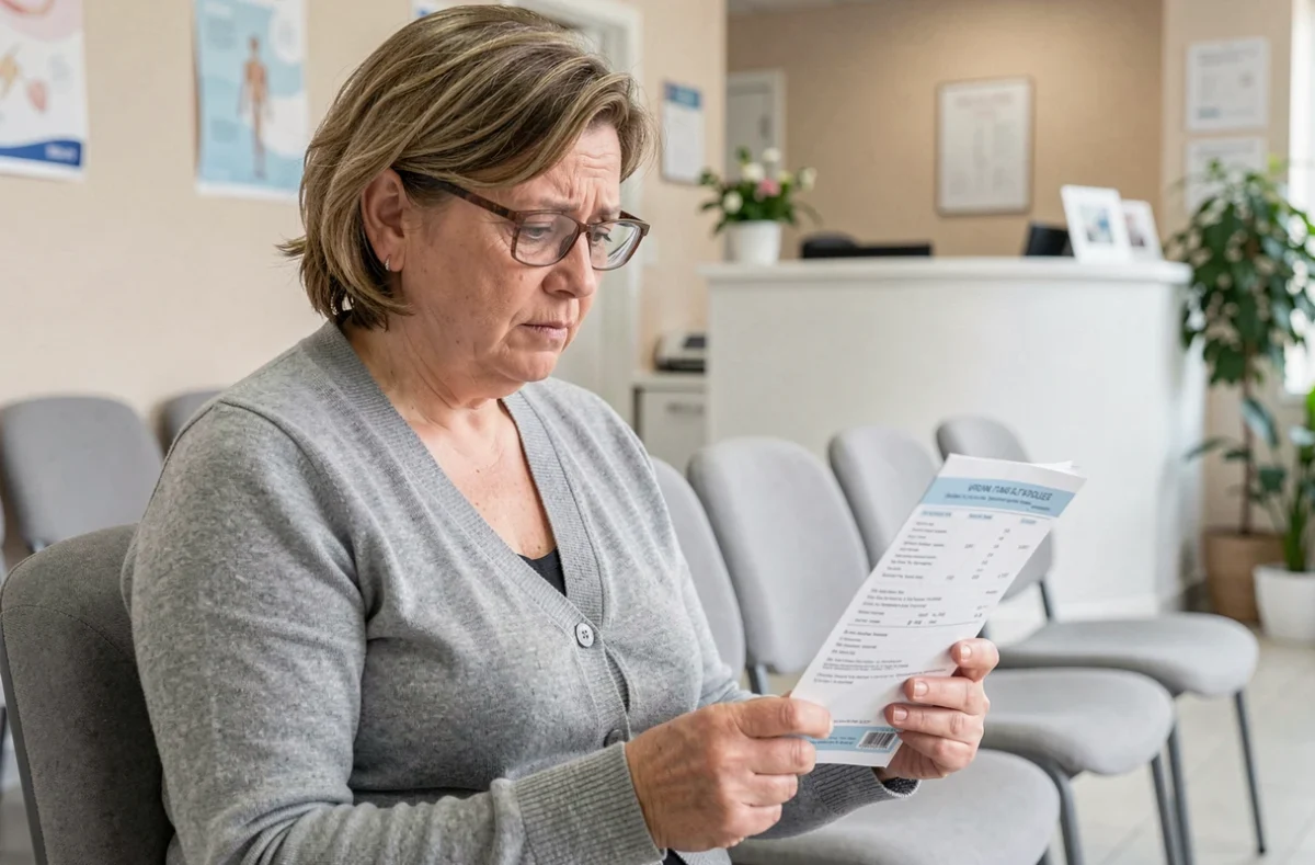 Femme d'âge mûr lisant un document d'assurance maladie dans une salle d'attente médicale, illustrant les maladies prises en charge à 100%