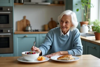 Femme senior souriante choisissant un repas sain &agrave; la cuisine