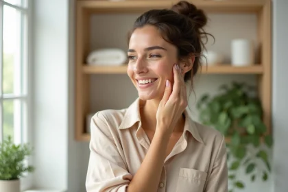 Femme appliquant un serum à la sève de bouleau dans une salle lumineuse