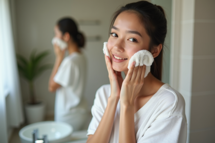 Jeune femme se nettoyant le visage avec une serviette dans une salle de bain