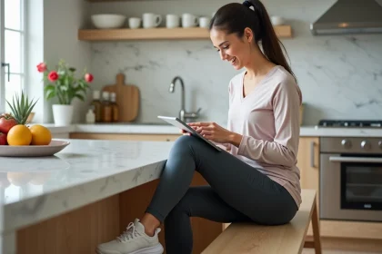 Femme sportive dans une cuisine moderne souriante en utilisant une tablette