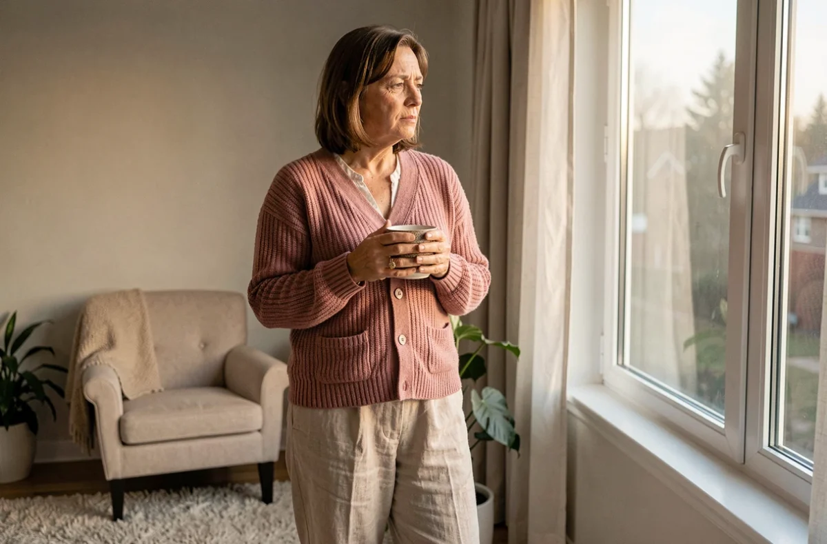 Femme en robe de chambre tenant une tasse de tisane devant une fenêtre au lever du jour, souffrant d'insomnie et de fatigue chronique liées aux séquelles d'une névrite vestibulaire