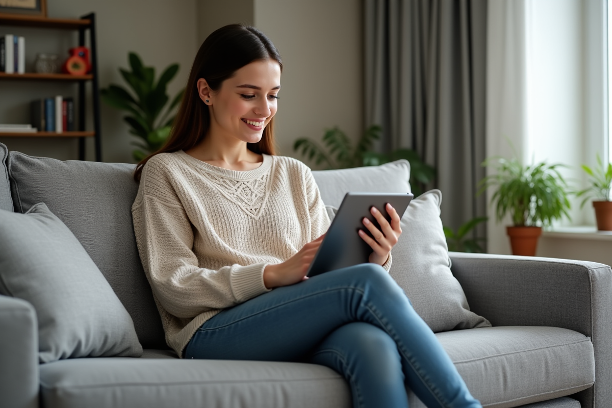Jeune femme en consultation vidéo avec sa tablette dans le salon