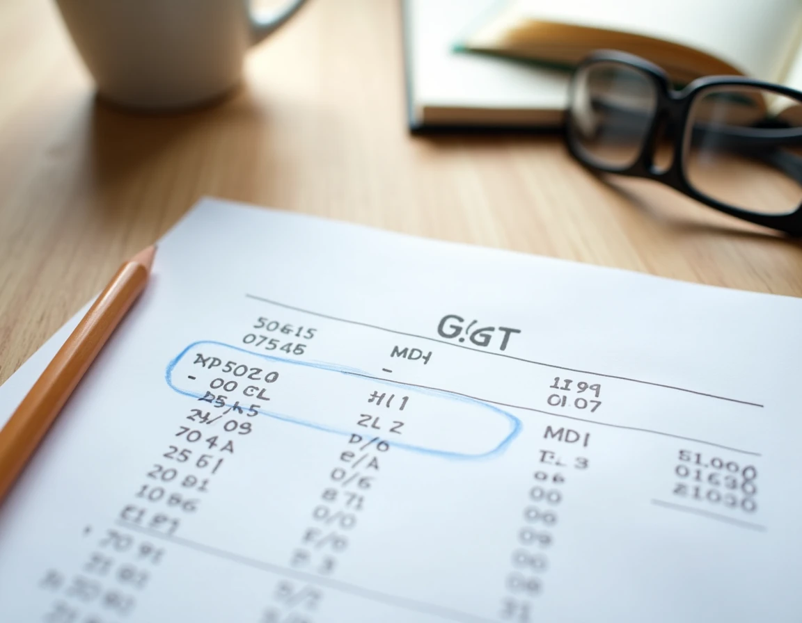 Résultats d'analyse sanguine avec taux de Gamma GT cerclé sur une feuille posée sur un bureau