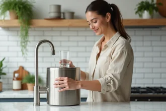 Femme remplissant un verre d'eau filtrée avec un filtre à eau Berkey en acier inoxydable sur un plan de cuisine moderne