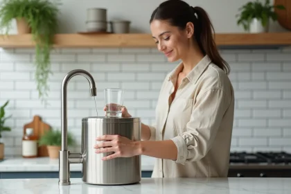 Femme remplissant un verre d'eau filtrée avec un filtre à eau Berkey en acier inoxydable sur un plan de cuisine moderne