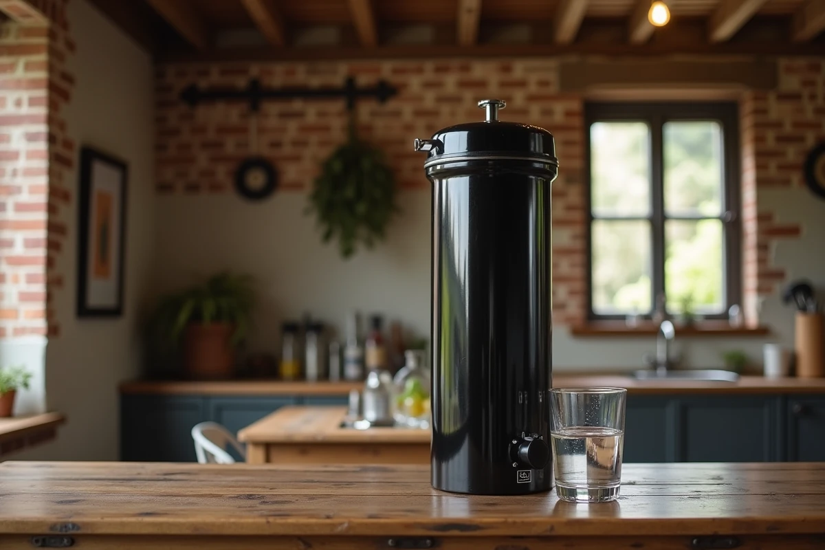 Filtre à eau gravitaire en acier inoxydable posé sur une table en bois dans une cuisine rustique avec un verre d'eau claire