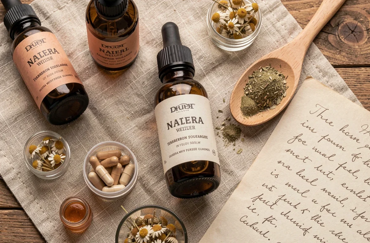 Flat lay de produits naturels de bien-être et compléments alimentaires sur une table en bois rustique