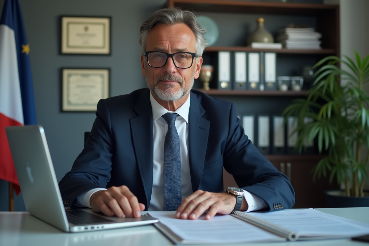 Officiel français travaillant sur son ordinateur dans un bureau