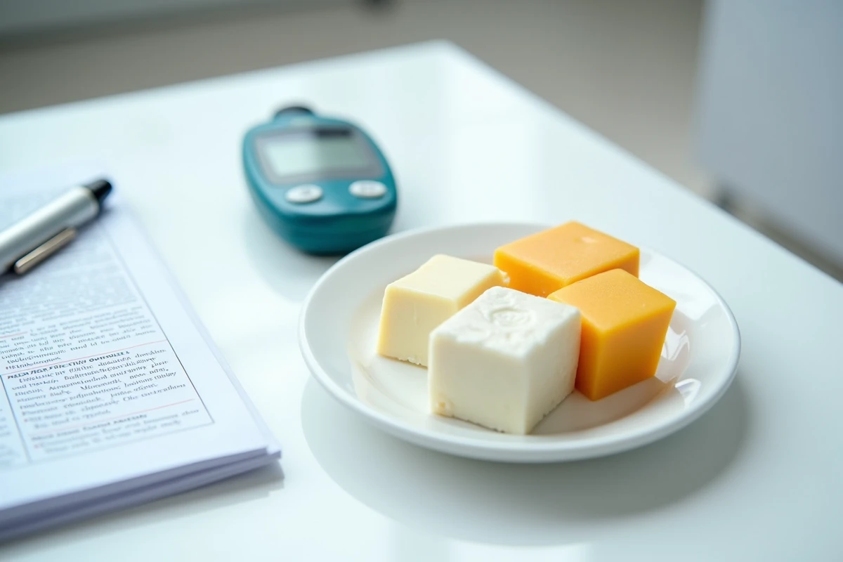 Assiette de fromages recommandés pour diabétiques posée sur un bureau médical à côté d'un glucomètre et d'un guide nutritionnel