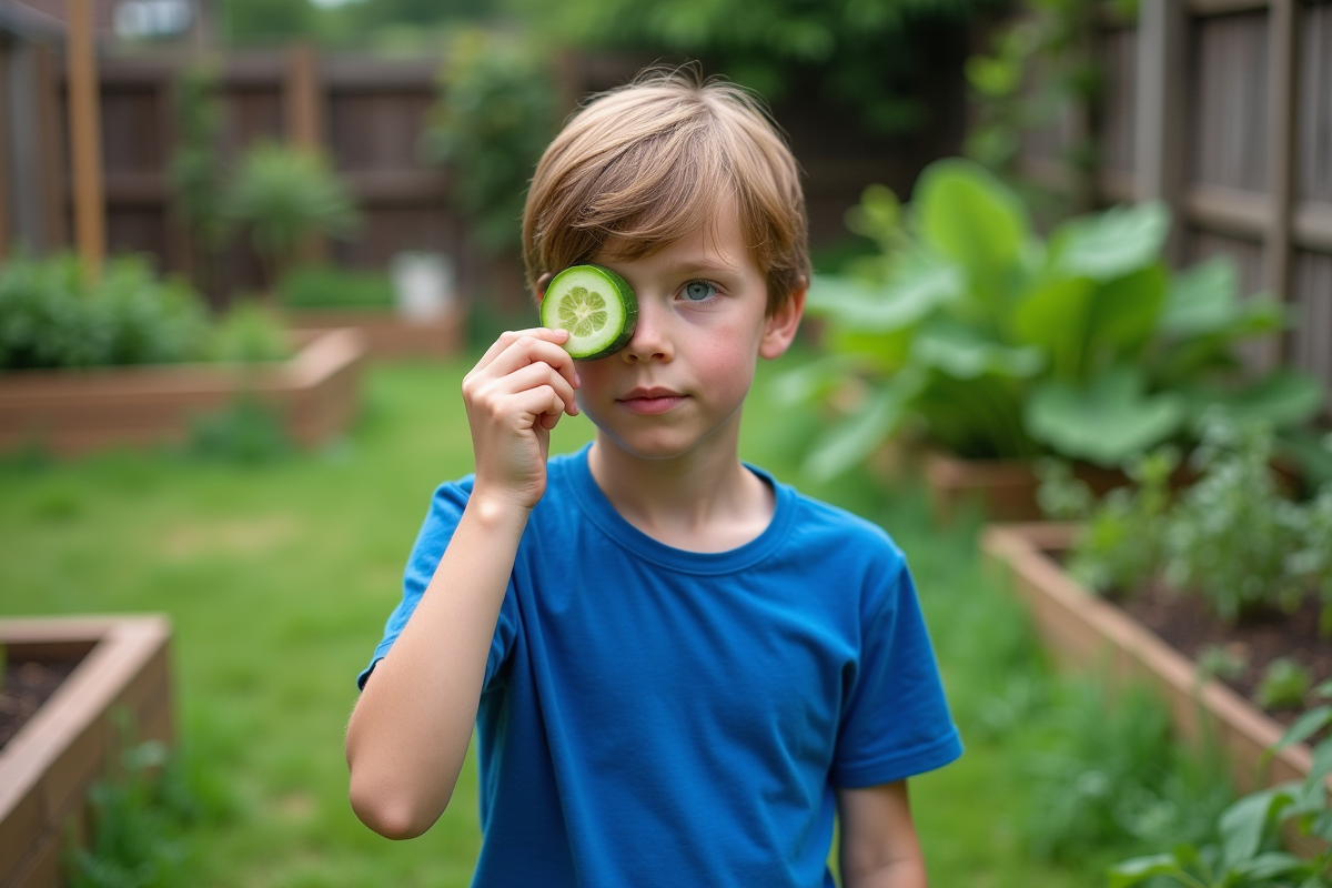 Adolescent dans le jardin avec concombre à l
