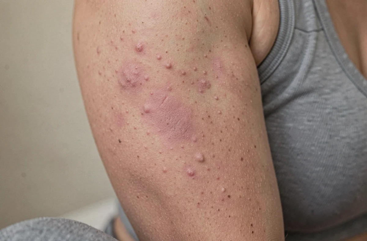 Gros plan sur l'aisselle gauche d'une femme montrant une rougeur et des boutons caractéristiques d'une irritation après épilation ou utilisation de déodorant